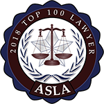 Seal for a Las Vegas law firm specializing in personal injury, with "2018 Top 100 Lawyer ASLA" text and scales of justice graphic.
