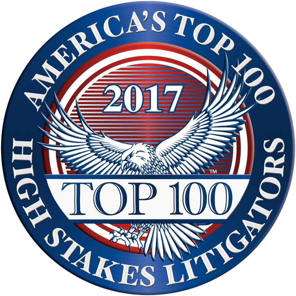 Award badge featuring an eagle and the text "America's Top 100 High Stakes Litigators 2017 Top 100," relevant for a Las Vegas law firm specializing in personal injury cases.
