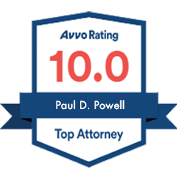 Image of Paul D. Powell's Avvo rating badge, showcasing a perfect 10.0 score and recognition as a Top Attorney, signaling expertise in personal injury law within Las Vegas.
