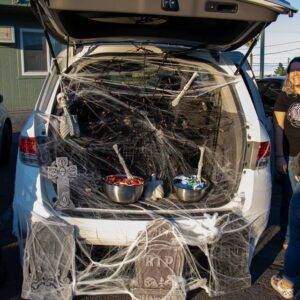 This image shows a car decorated for Halloween, with tombstones and spiderwebs, featuring a candy trunk-or-treat setup.
