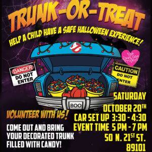 Flyer for a Las Vegas law firm's "Trunk-or-Treat" event, inviting volunteers to decorate their car trunks with candy for a safe Halloween experience, offering Vegas Golden Knights tickets for the best decorated car.