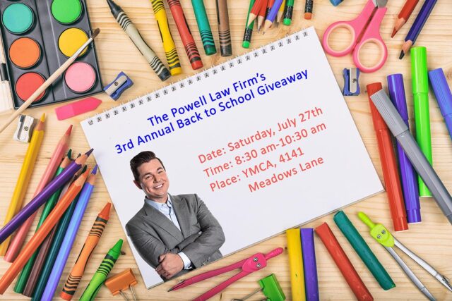 Image of a Law Firm's Back to School Giveaway announcement surrounded by school supplies like crayons, markers, paint, and pencils.