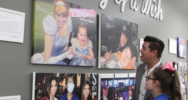 A compassionate Las Vegas personal injury law firm, supporting the Make-A-Wish Foundation, showcases photos of wish recipients and volunteers in their office, demonstrating their commitment to community and families affected by unforeseen circumstances.