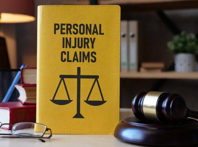 Close-up of a yellow "Personal Injury Claims" book with scales of justice, a gavel, books, and glasses, suggesting legal representation for personal injury cases in Las Vegas.