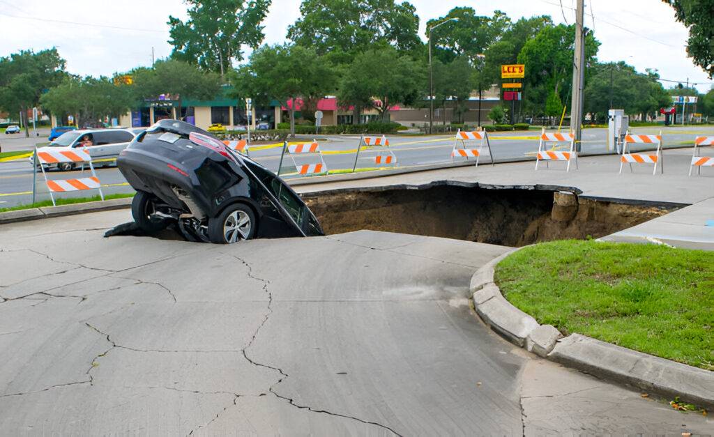 Car accident in large pothole sinkhole