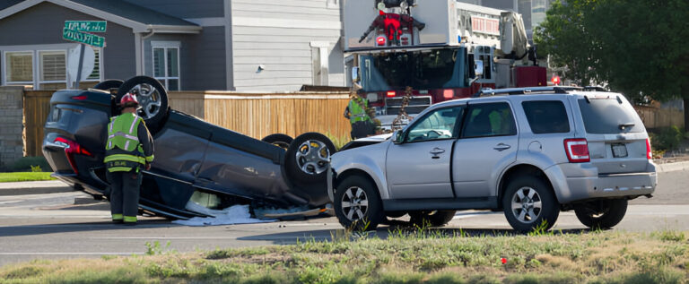 Scene of a car accident with an overturned vehicle being attended to by emergency personnel and a fire truck, emphasizing potential personal injury and legal recourse in Las Vegas.