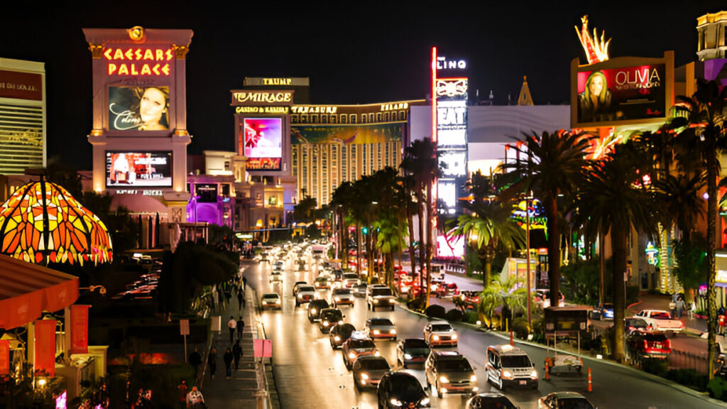 Nighttime view of the Las Vegas Strip, featuring casinos like Caesar's Palace and heavy traffic, symbolizing the potential for personal injury accidents.