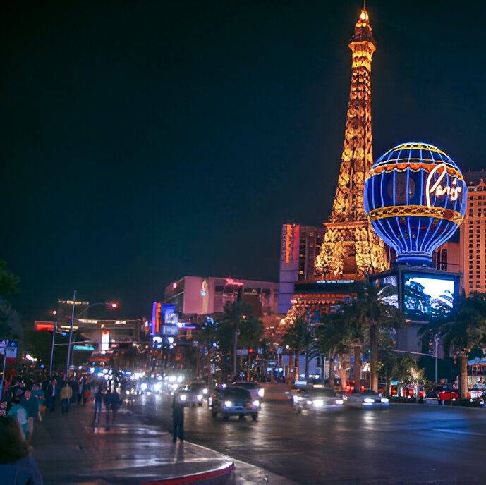 Night view of the Las Vegas Strip with illuminated casinos, hotels, traffic, and pedestrians, representing the city's vibrant and potentially hazardous environment where personal injury accidents can occur.