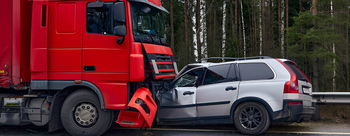 Image shows a red semi-truck having collided with a silver SUV on a rural road, representing potential legal cases for a personal injury law firm.